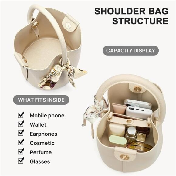 Womens Small Crossbody Bag Vegan Leather Mini Bucket Purse Removable Strap - Picture 4 of 7